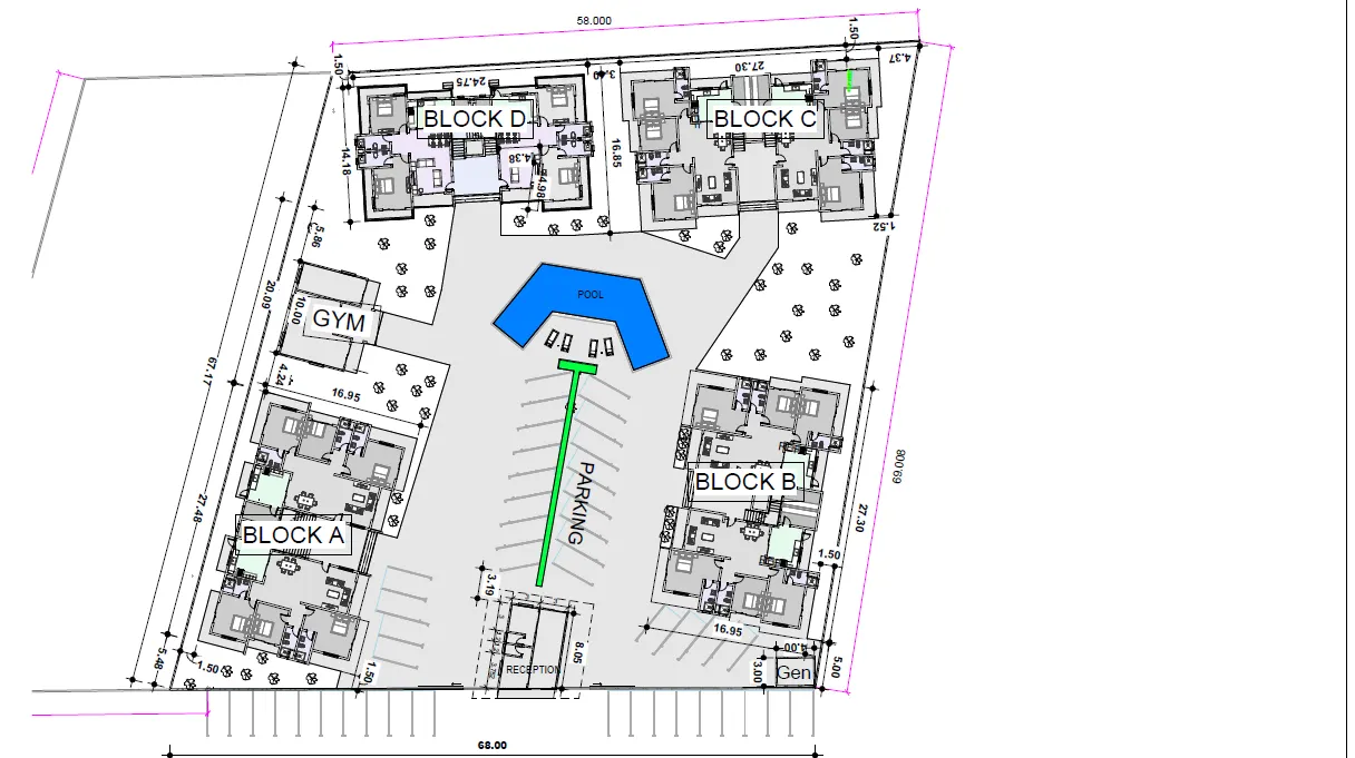 Site layout showing blocks A to D, pool, gym and parking
