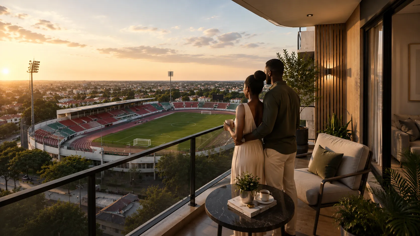 Couple on a balcony overlooking the stadium at sunset