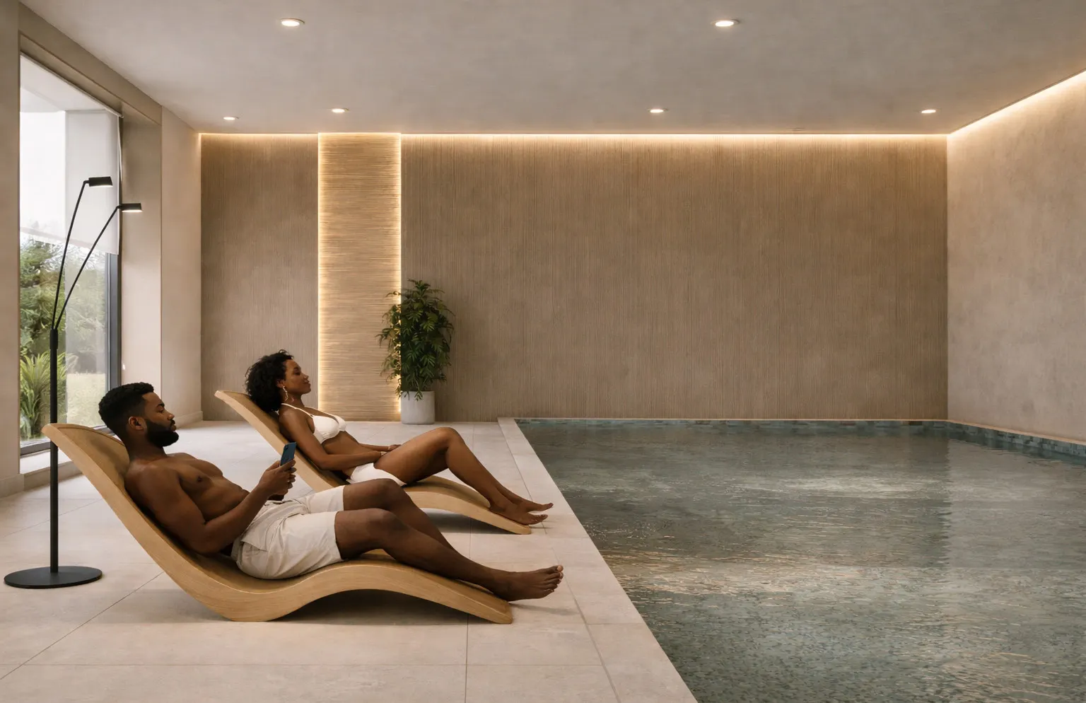 Indoor pool with loungers