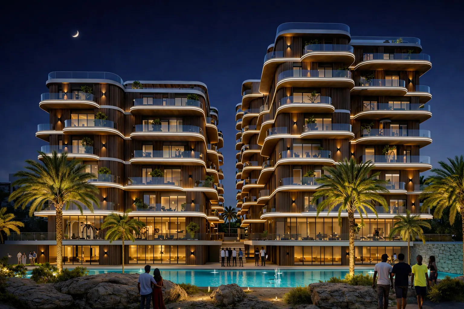 Infinity Coast illuminated at night above the pool