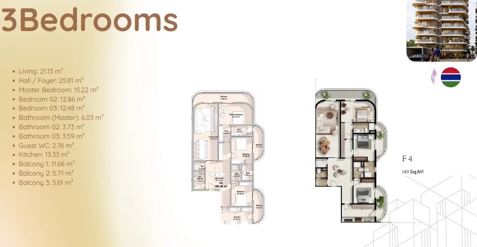 Three-bedroom floor plan